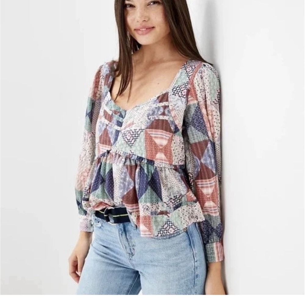 American Eagle Patchwork Baby Doll Blouse Long Sleeve Sz Large Boho Peasent